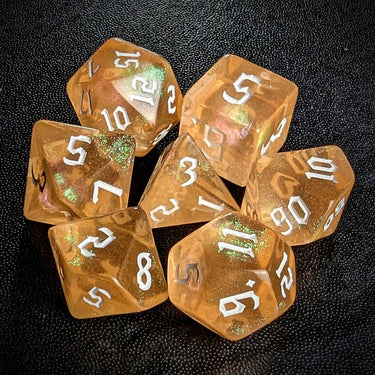 Glitter in Clear Orange Acrylic - 7pcs RPG Full Dice Set Top